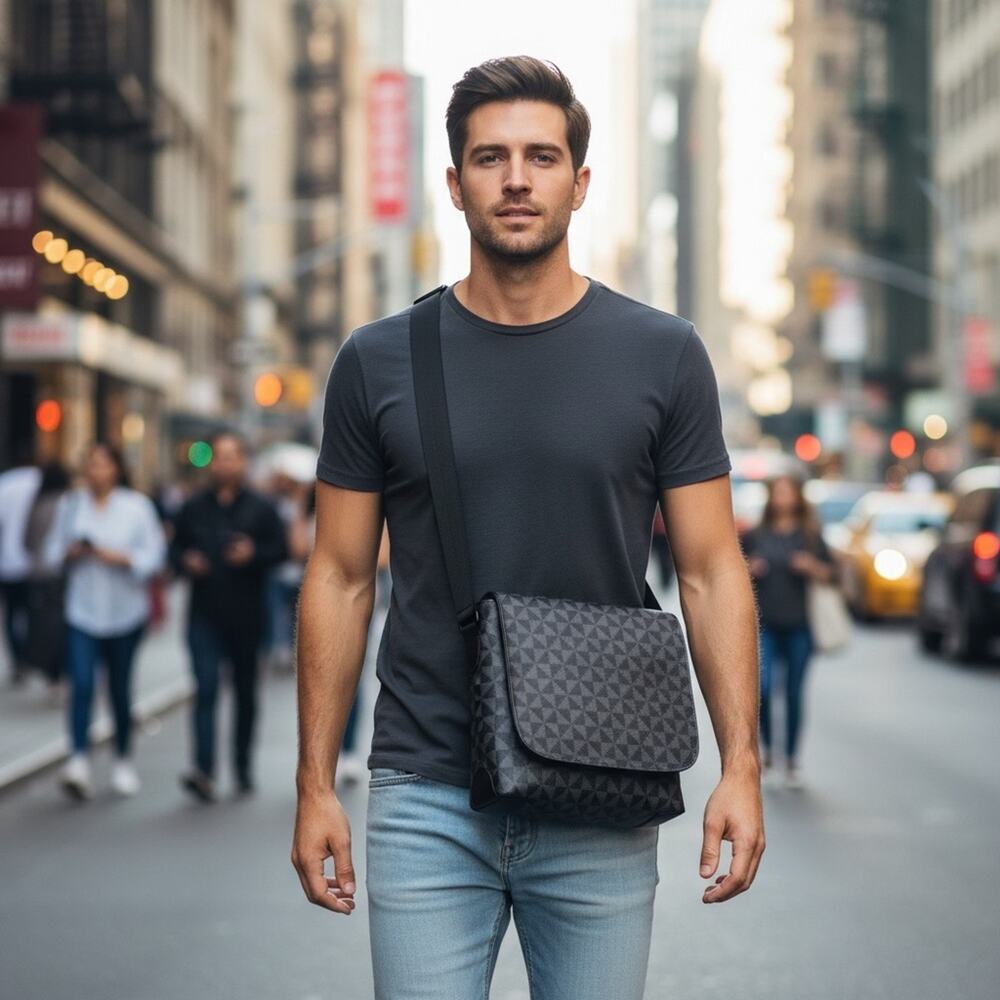 Gray and Black Monogram Flap Messenger Bag
